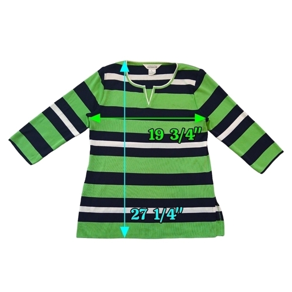 Exclusively Misook Green Black White Striped 3/4 Sleeve Split Neck Top Modest - Picture 3 of 7